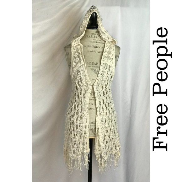 Free People Crochet Ivory Hoodie Sleeveless Boho - Picture 1 of 15